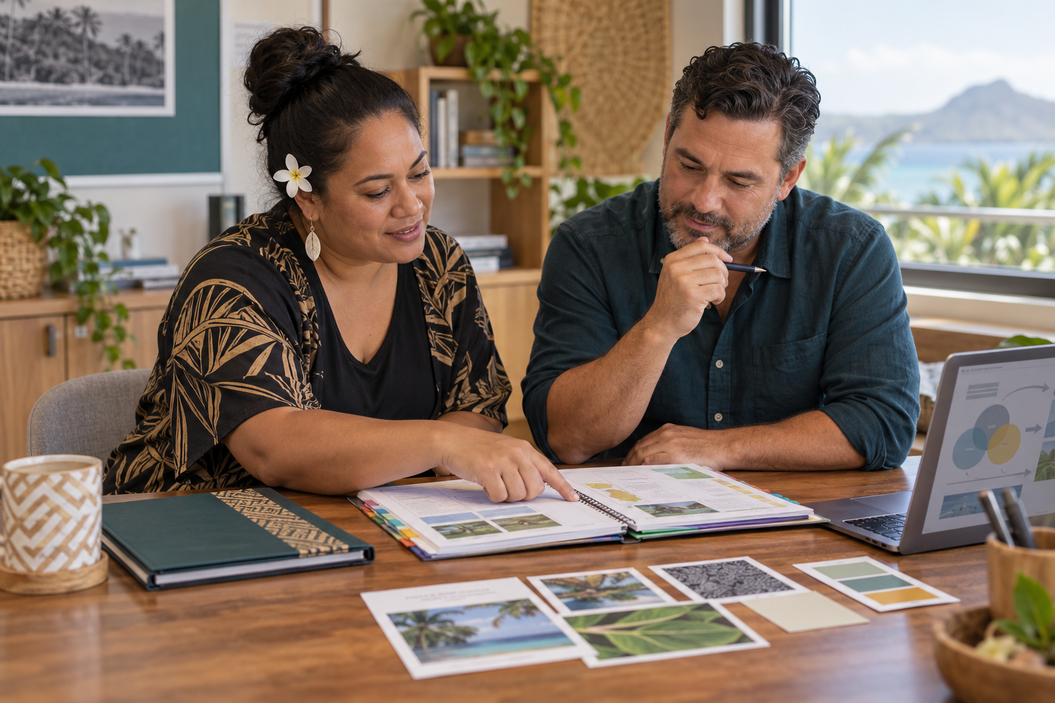 Two adult teachers collaboratively plan a lesson sequence in a calm, sunlit workspace.