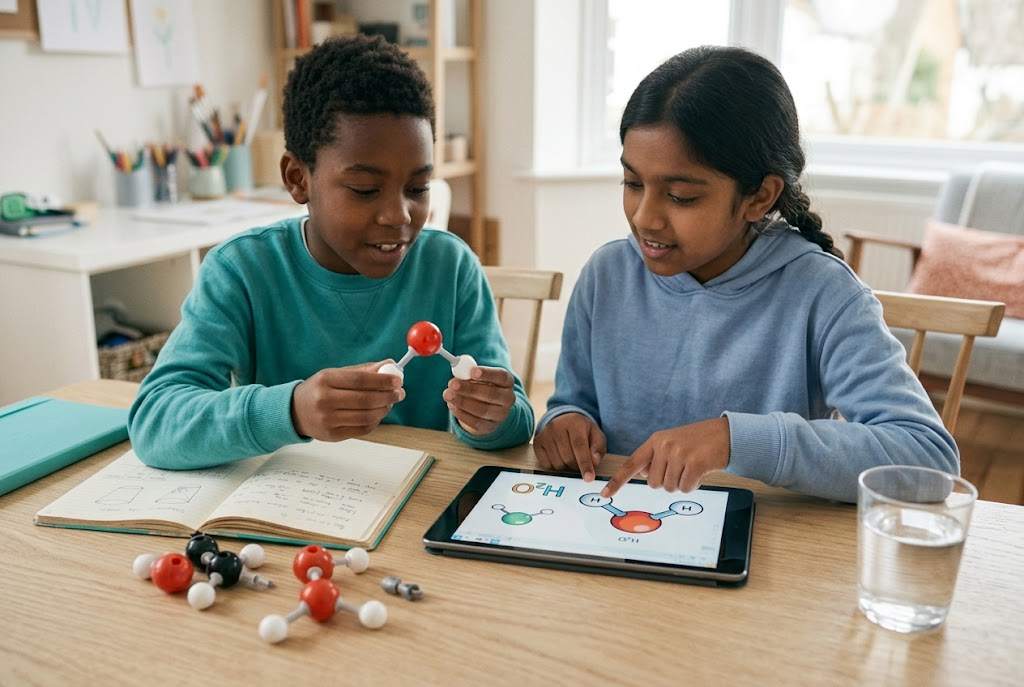 Learners explore a water molecule with a physical model and a tablet.