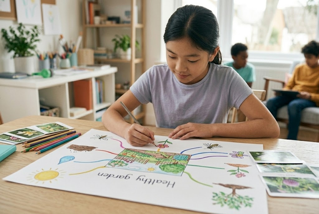 A learner connects garden ideas in a colourful mind map.